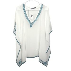 White and Baby Blue Vintage Embroidered Kaftan Mini Beach Dress